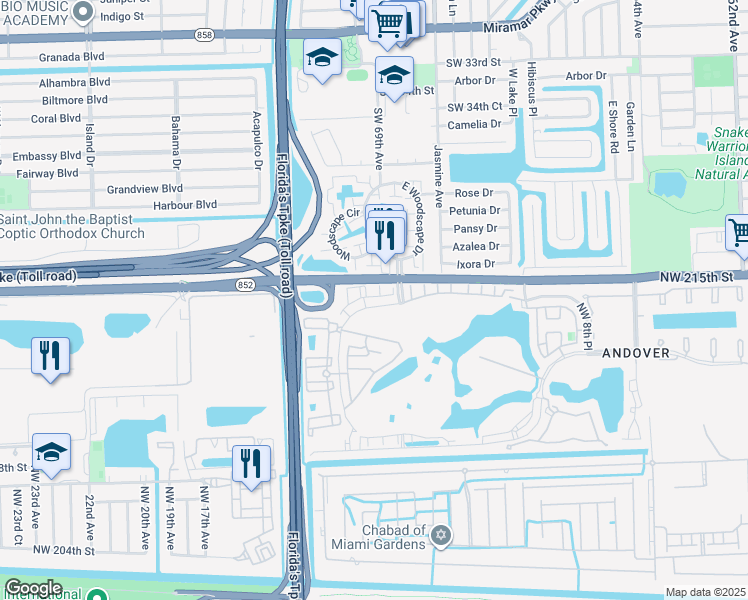 map of restaurants, bars, coffee shops, grocery stores, and more near 21490 Northwest 14th Place in Miami Gardens