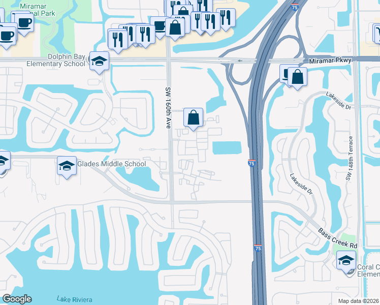 map of restaurants, bars, coffee shops, grocery stores, and more near 4311 Southwest 160th Avenue in Miramar