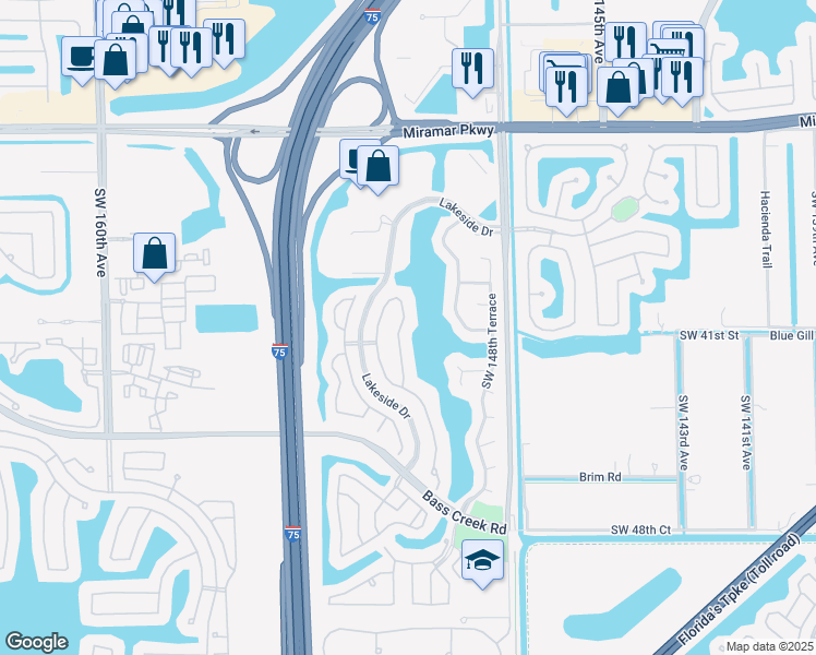 map of restaurants, bars, coffee shops, grocery stores, and more near 4105 Southwest 151st Terrace in Miramar