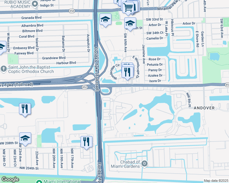 map of restaurants, bars, coffee shops, grocery stores, and more near 1413 Northwest 214th Terrace in Miami Gardens