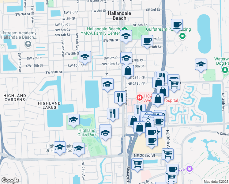 map of restaurants, bars, coffee shops, grocery stores, and more near 1101 Northeast 211th Terrace in Miami