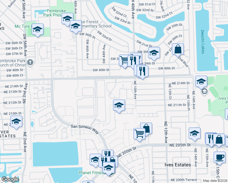 map of restaurants, bars, coffee shops, grocery stores, and more near 835 Northeast 212th Terrace in Miami