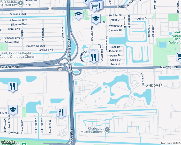 map of restaurants, bars, coffee shops, grocery stores, and more near 21490 Northwest 14th Place in Miami Gardens