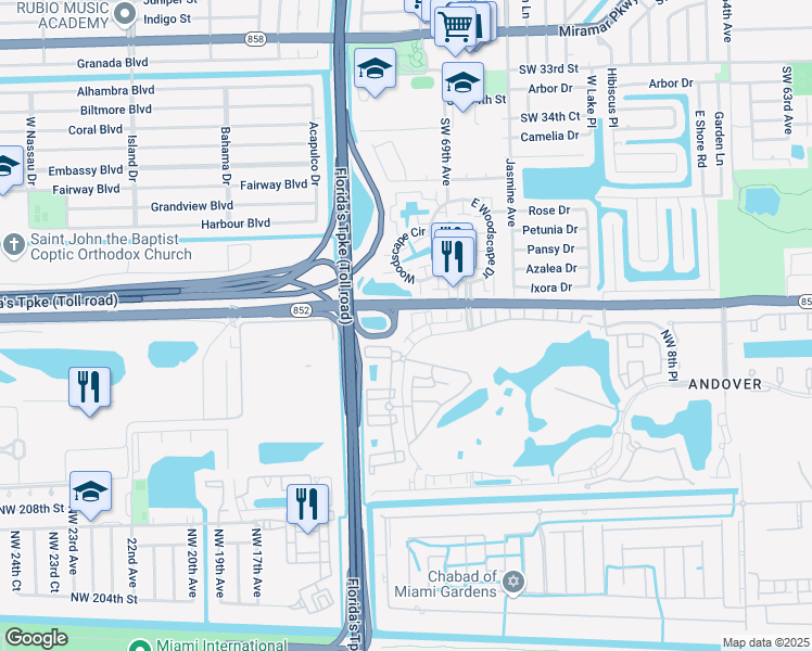 map of restaurants, bars, coffee shops, grocery stores, and more near 1413 Northwest 214th Terrace in Miami Gardens