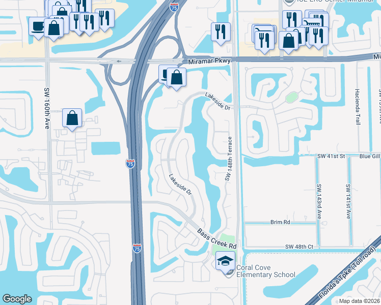 map of restaurants, bars, coffee shops, grocery stores, and more near 4105 Southwest 151st Terrace in Miramar