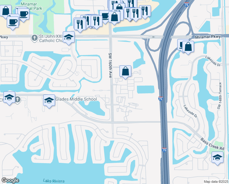 map of restaurants, bars, coffee shops, grocery stores, and more near 4160 Southwest 159th Avenue in Miramar