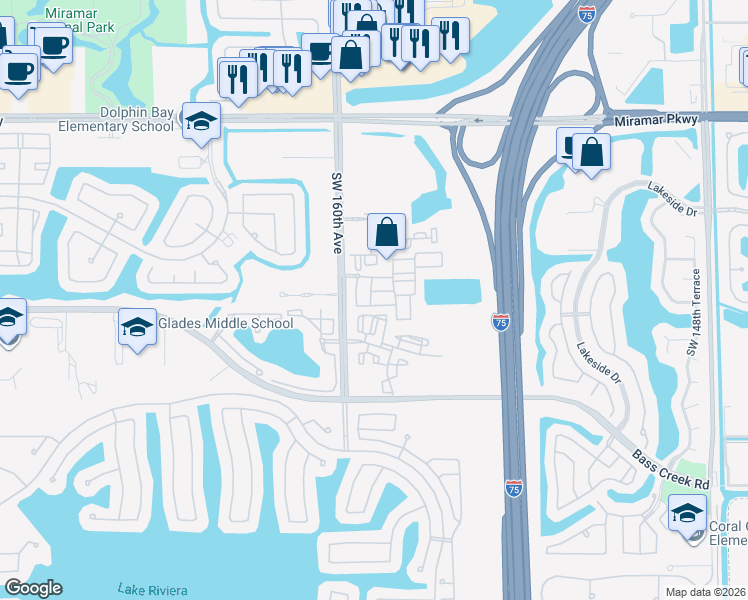 map of restaurants, bars, coffee shops, grocery stores, and more near 4111 Southwest 158th Avenue in Miramar
