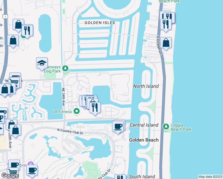 map of restaurants, bars, coffee shops, grocery stores, and more near 3750 Yacht Club Drive in Miami