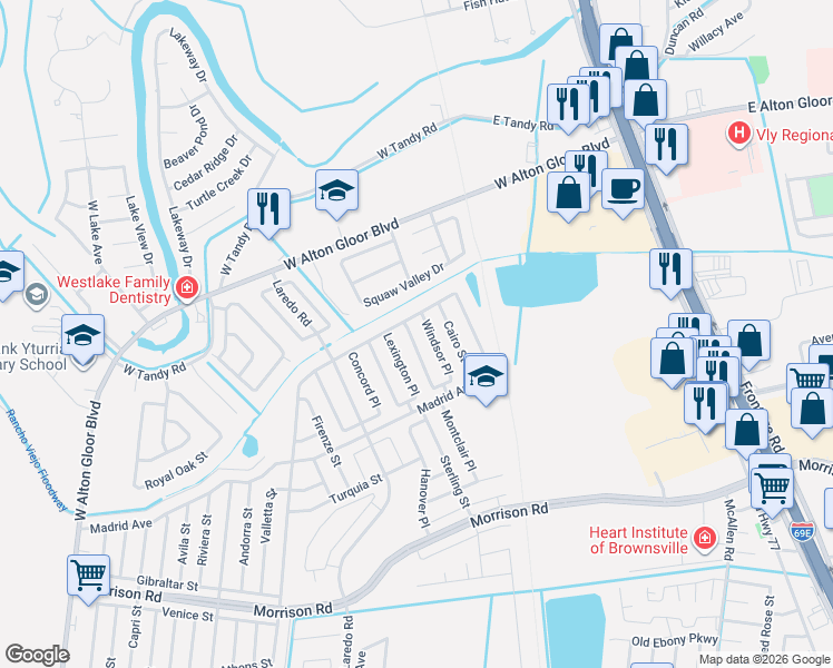 map of restaurants, bars, coffee shops, grocery stores, and more near 2640 Windsor Place in Brownsville