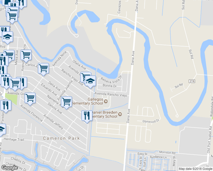 map of restaurants, bars, coffee shops, grocery stores, and more near 3232 Bonita Drive in Brownsville