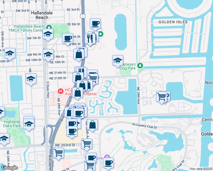 map of restaurants, bars, coffee shops, grocery stores, and more near 3130 Northeast 211 Street in Aventura