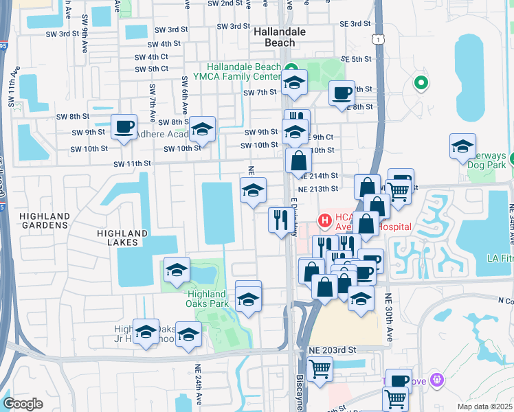 map of restaurants, bars, coffee shops, grocery stores, and more near 1101 Northeast 211th Terrace in Miami