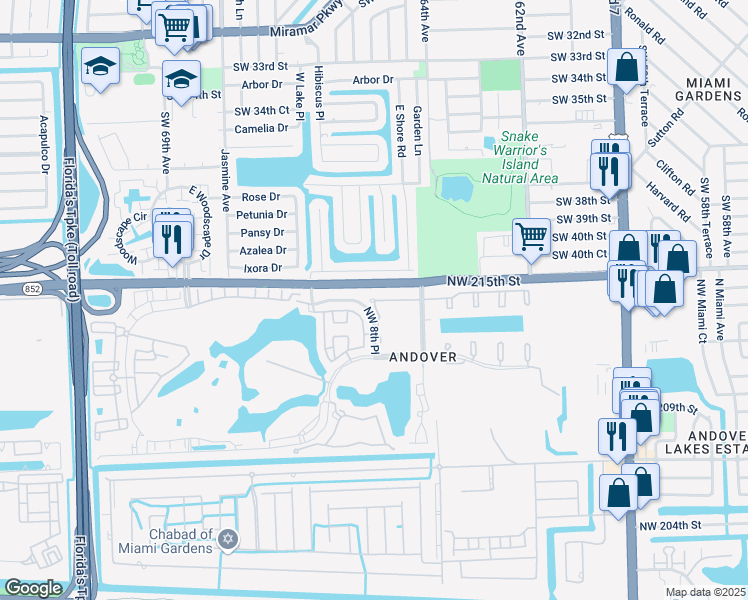 map of restaurants, bars, coffee shops, grocery stores, and more near 21395 Northwest 9th Court in Miami
