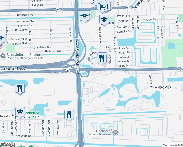 map of restaurants, bars, coffee shops, grocery stores, and more near 1413 Northwest 214th Terrace in Miami Gardens