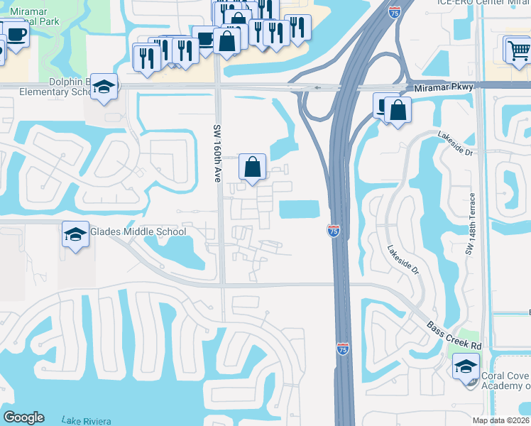 map of restaurants, bars, coffee shops, grocery stores, and more near 4269 Southwest 156th Avenue in Miramar