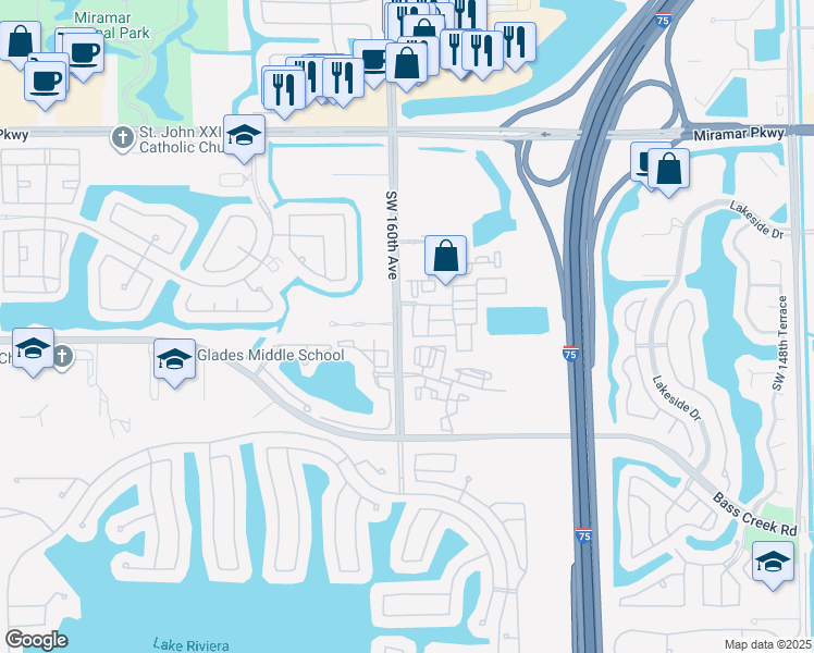 map of restaurants, bars, coffee shops, grocery stores, and more near 4190 Southwest 159th Avenue in Miramar