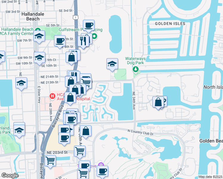 map of restaurants, bars, coffee shops, grocery stores, and more near 3185 Northeast 211th Terrace in Aventura