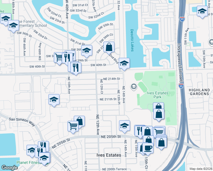 map of restaurants, bars, coffee shops, grocery stores, and more near 1300 Northeast 212th Terrace in North Miami Beach