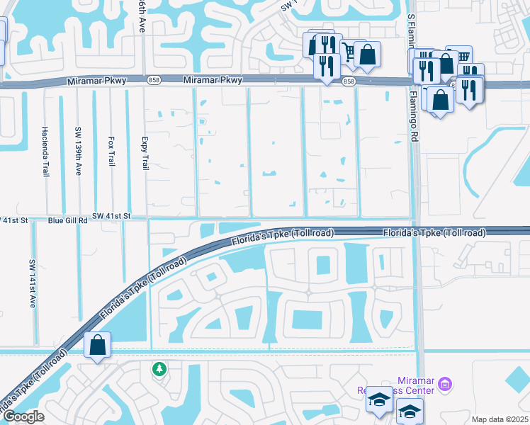 map of restaurants, bars, coffee shops, grocery stores, and more near 3951 Southwest 130th Avenue in Miramar