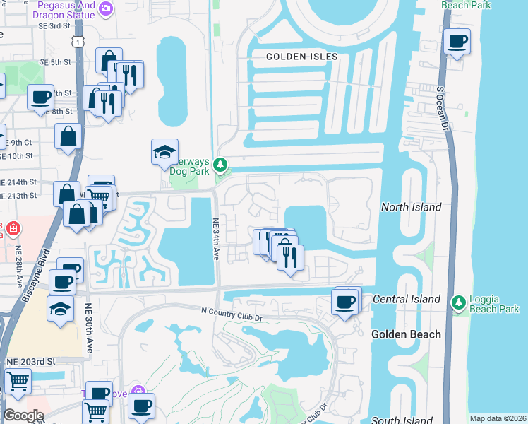 map of restaurants, bars, coffee shops, grocery stores, and more near 21195 Helmsman Drive in Aventura