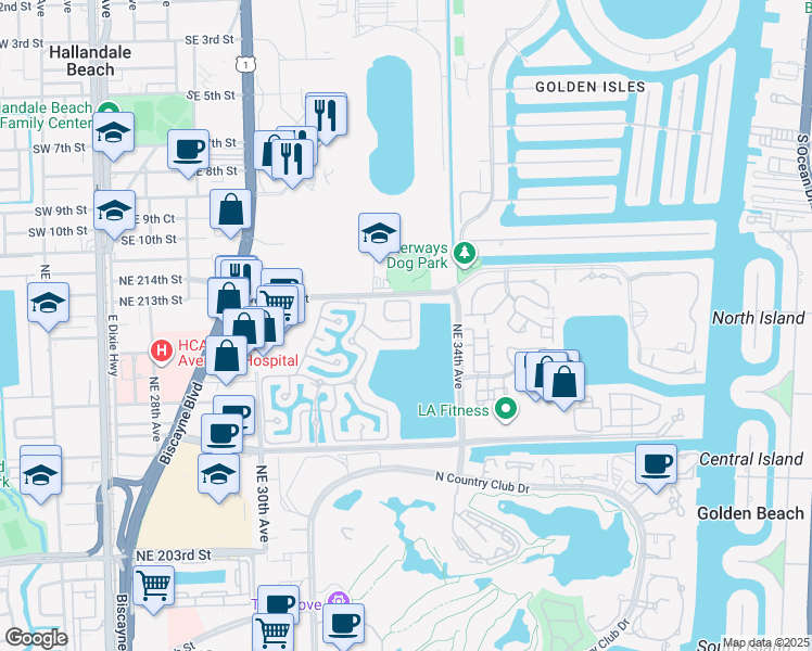 map of restaurants, bars, coffee shops, grocery stores, and more near 3272 Northeast 212th Terrace in Aventura