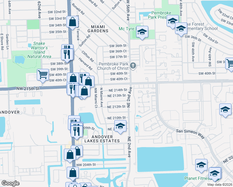 map of restaurants, bars, coffee shops, grocery stores, and more near 75 Northeast 214th Street in Miami