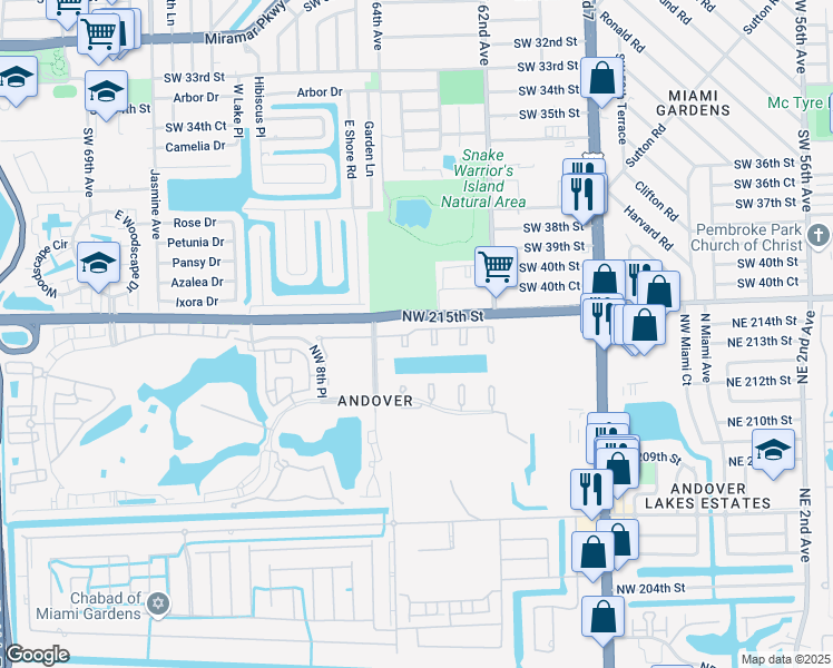map of restaurants, bars, coffee shops, grocery stores, and more near Northwest 215th Street in Miramar