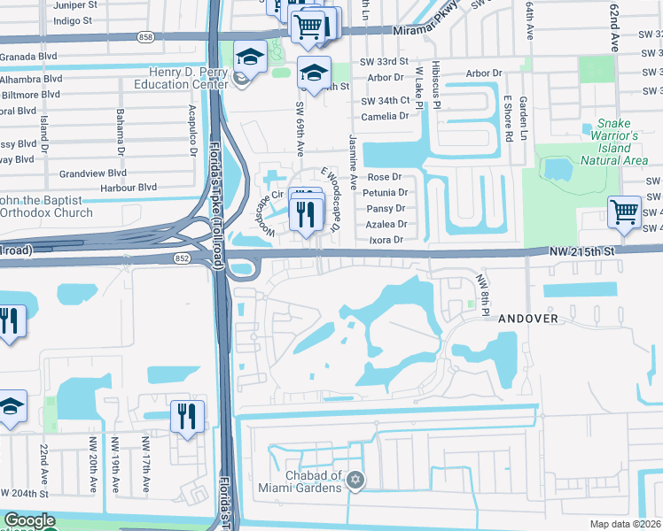 map of restaurants, bars, coffee shops, grocery stores, and more near 102 County Line Road in Miami Gardens