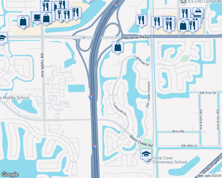 map of restaurants, bars, coffee shops, grocery stores, and more near 3960 Southwest 152nd Avenue in Miramar