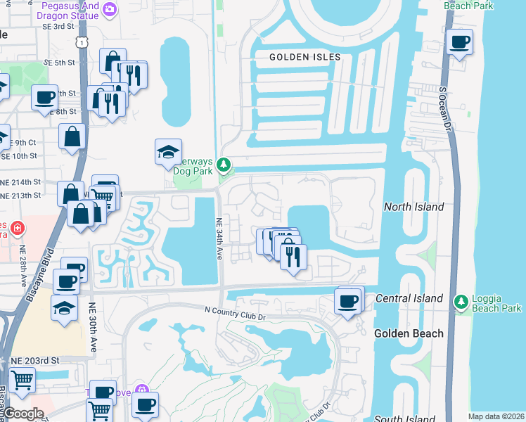 map of restaurants, bars, coffee shops, grocery stores, and more near Mainsail Circle in Aventura