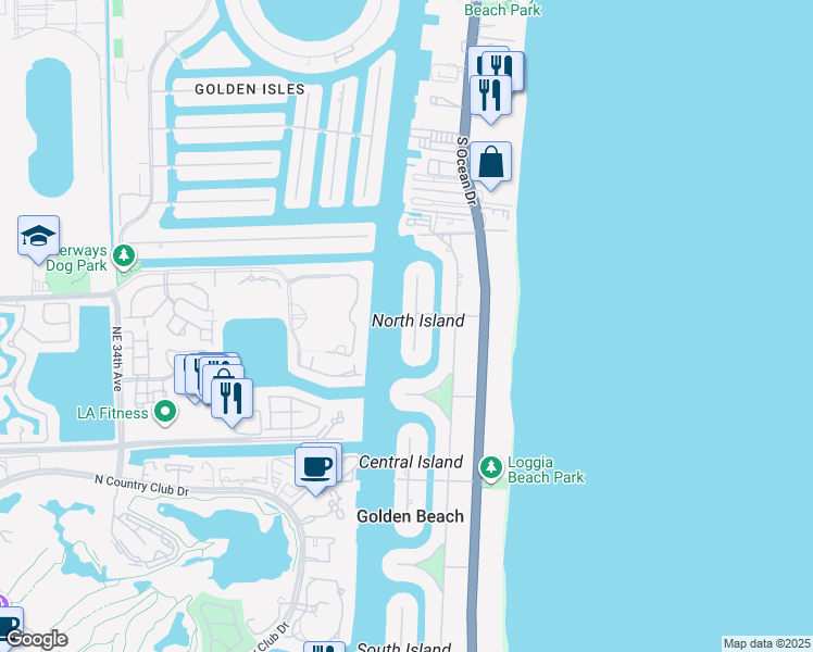 map of restaurants, bars, coffee shops, grocery stores, and more near 600 North Island Road in Golden Beach