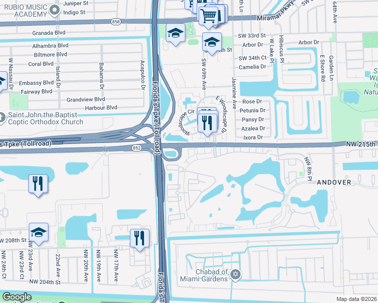map of restaurants, bars, coffee shops, grocery stores, and more near 4050 Southwest 69th Way in Miramar