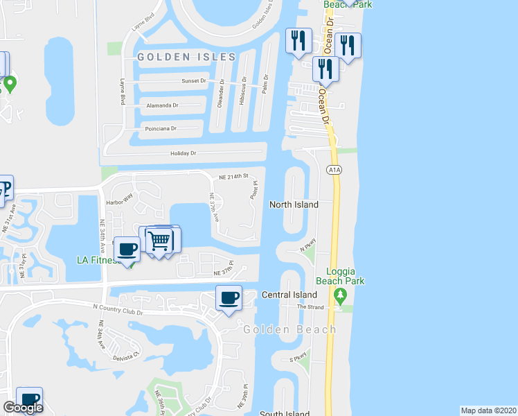 map of restaurants, bars, coffee shops, grocery stores, and more near 21105 Northeast 38th Avenue in Miami