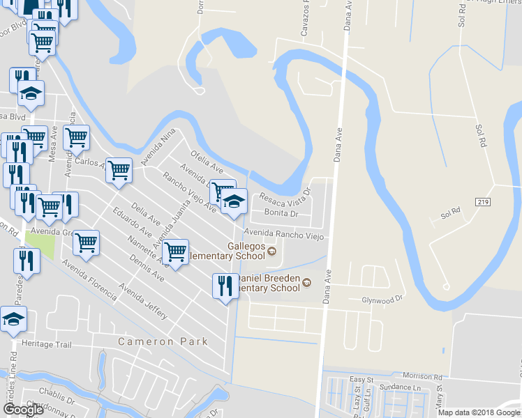 map of restaurants, bars, coffee shops, grocery stores, and more near 3213 Bonita Drive in Brownsville