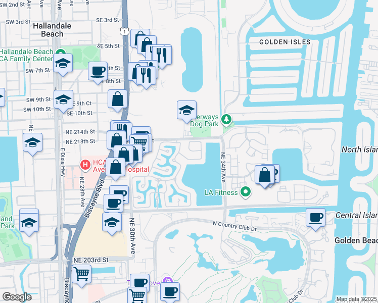 map of restaurants, bars, coffee shops, grocery stores, and more near 21231 Northeast 31st Place in Aventura