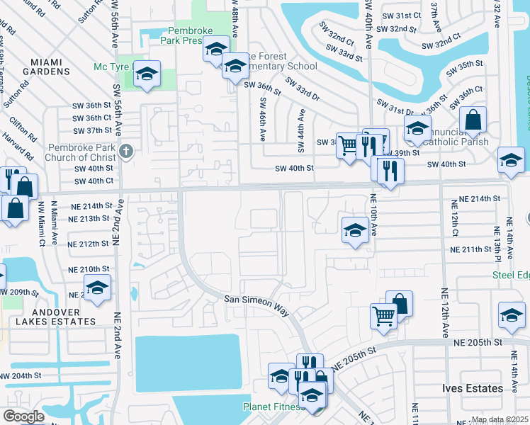 map of restaurants, bars, coffee shops, grocery stores, and more near 21381 San Simeon Way in North Miami Beach