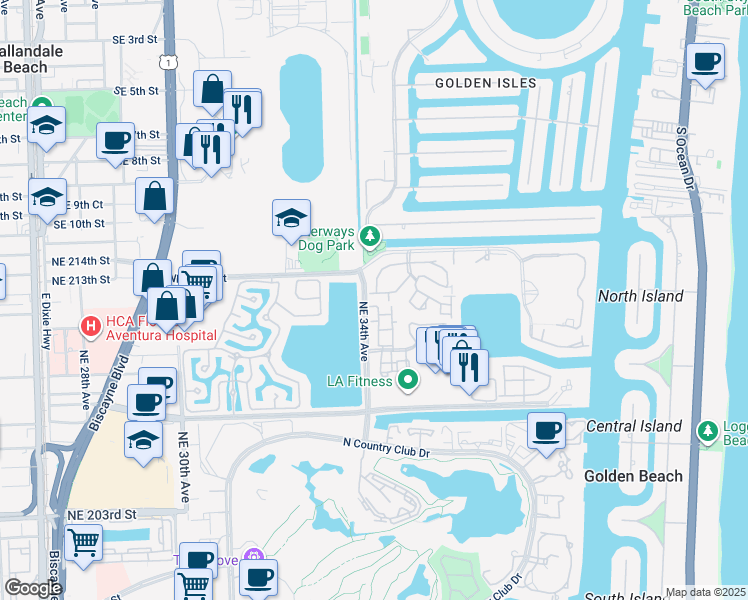 map of restaurants, bars, coffee shops, grocery stores, and more near 21200 Harbor Way in Miami