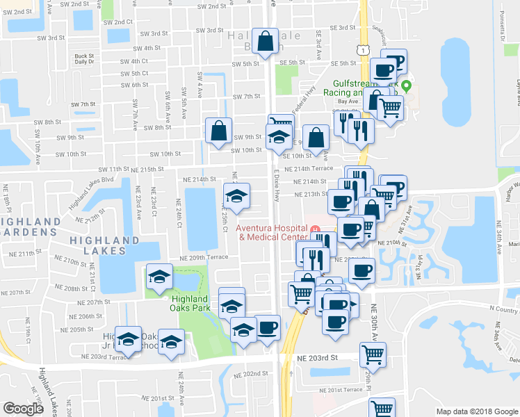 map of restaurants, bars, coffee shops, grocery stores, and more near 2630 Northeast 213th Street in Aventura