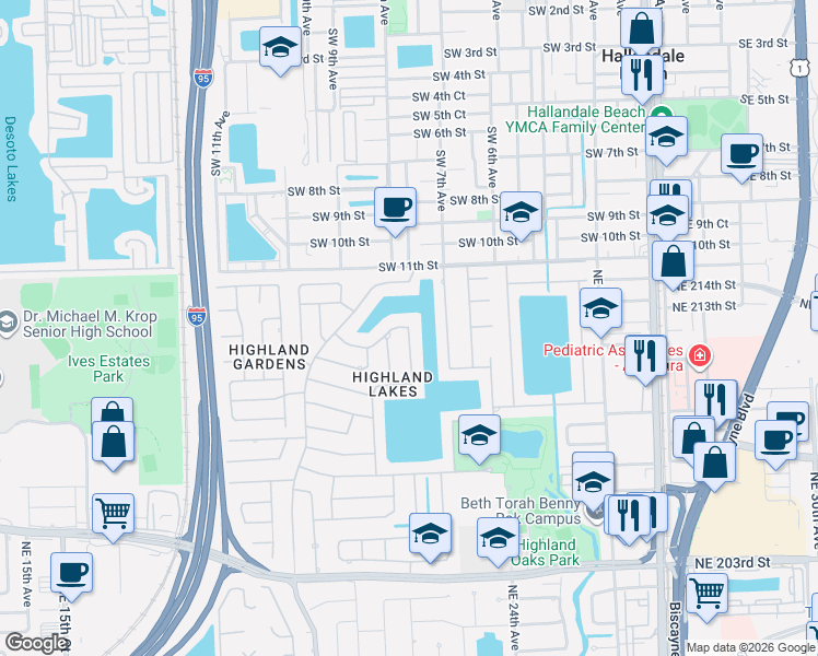 map of restaurants, bars, coffee shops, grocery stores, and more near 2221 Northeast 212th Street in Miami