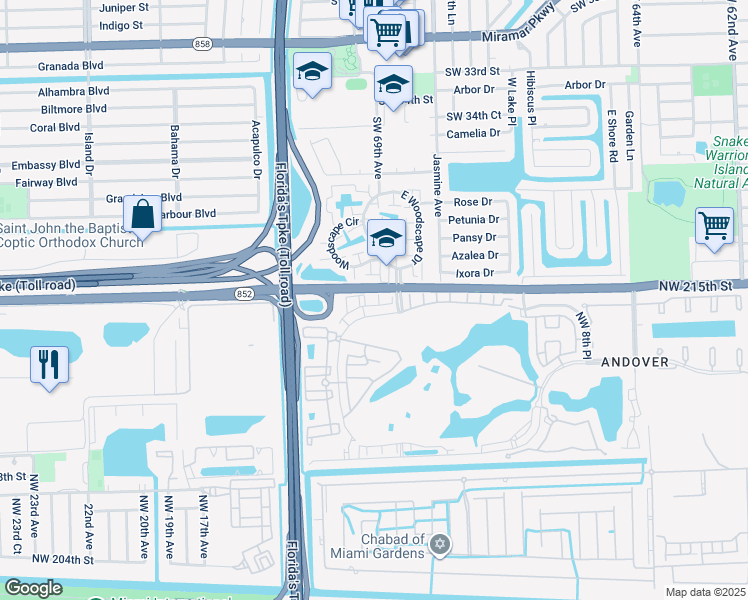 map of restaurants, bars, coffee shops, grocery stores, and more near 762 Northwest 215th Street in Miramar