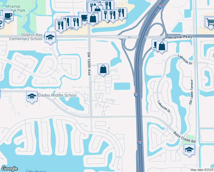 map of restaurants, bars, coffee shops, grocery stores, and more near 15601 Southwest 40th Street in Miramar