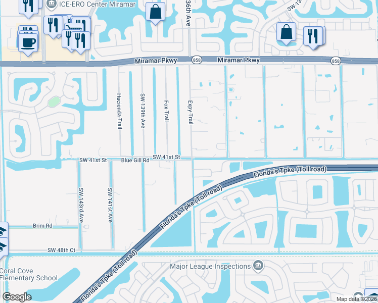 map of restaurants, bars, coffee shops, grocery stores, and more near 8991 Southwest 41st Street in Miramar
