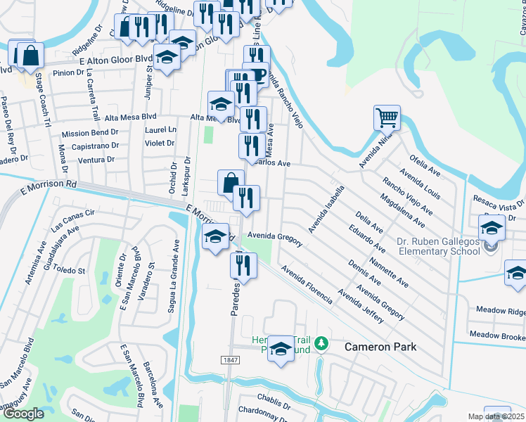 map of restaurants, bars, coffee shops, grocery stores, and more near 3764 Paredes Line Road in Brownsville