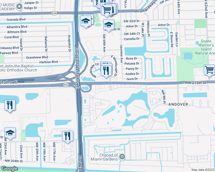map of restaurants, bars, coffee shops, grocery stores, and more near 762 Northwest 215th Street in Miramar