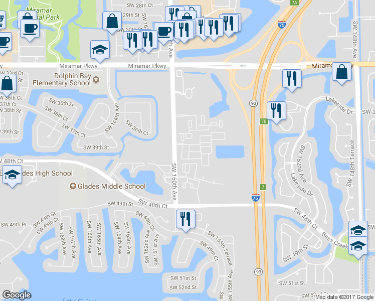 map of restaurants, bars, coffee shops, grocery stores, and more near 15786 Southwest 40th Street in Miramar
