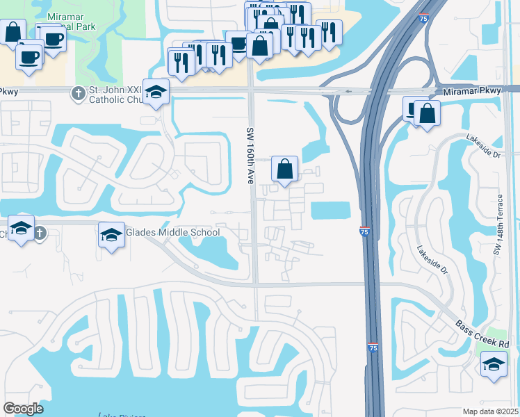 map of restaurants, bars, coffee shops, grocery stores, and more near 15920 Southwest 40th Street in Miramar