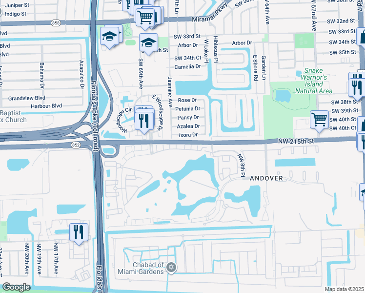 map of restaurants, bars, coffee shops, grocery stores, and more near 6740 Ixora Drive in Miramar