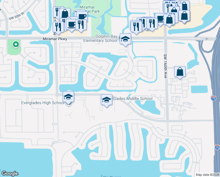 map of restaurants, bars, coffee shops, grocery stores, and more near 3830 Southwest 166th Avenue in Miramar
