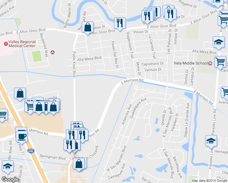 map of restaurants, bars, coffee shops, grocery stores, and more near E Morrison Rd in Brownsville