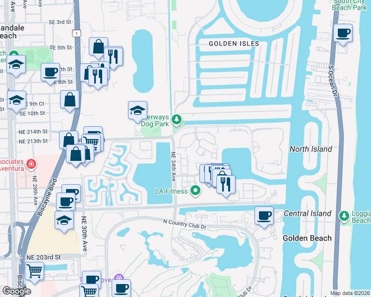 map of restaurants, bars, coffee shops, grocery stores, and more near 21200 Harbor Way in Miami